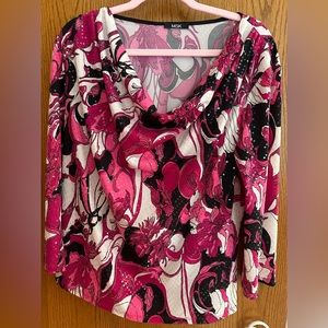 Ladies MSK Pink, Black and White cowl neck top. Dressy look. 3/4 length sleeve.